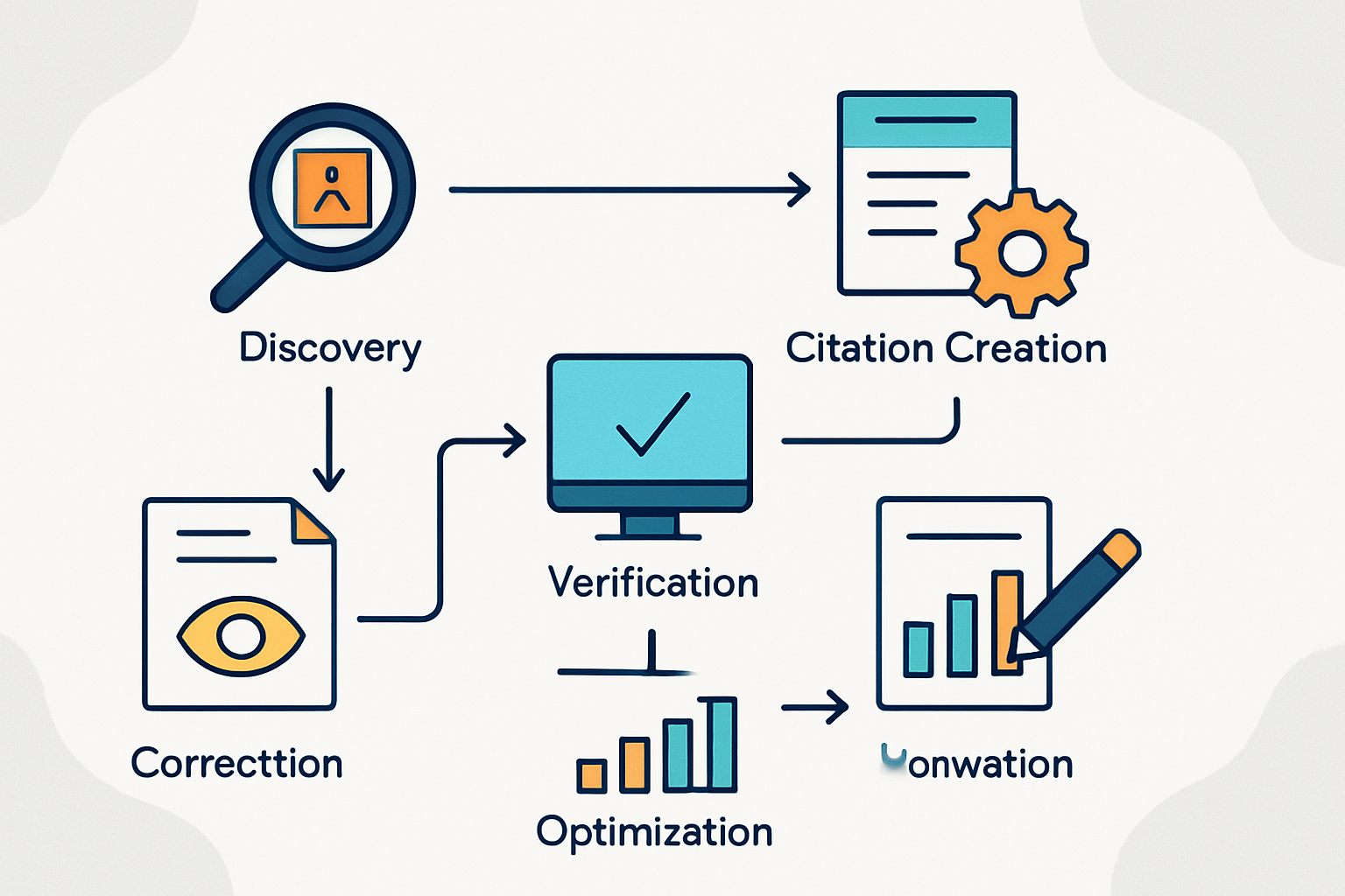 Visual diagram illustrating the process of citation building from discovery to verification.