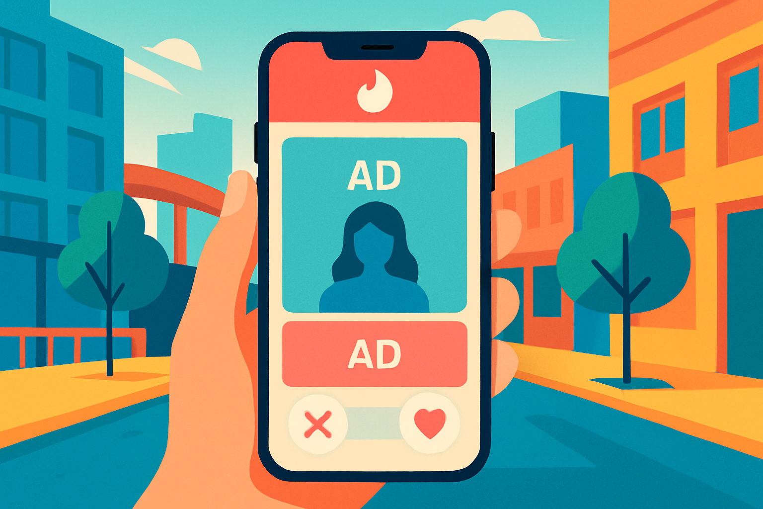 Tinder app interface showcasing native ad formats like Swipe Cards and Sponsored Profiles engaging a young audience.