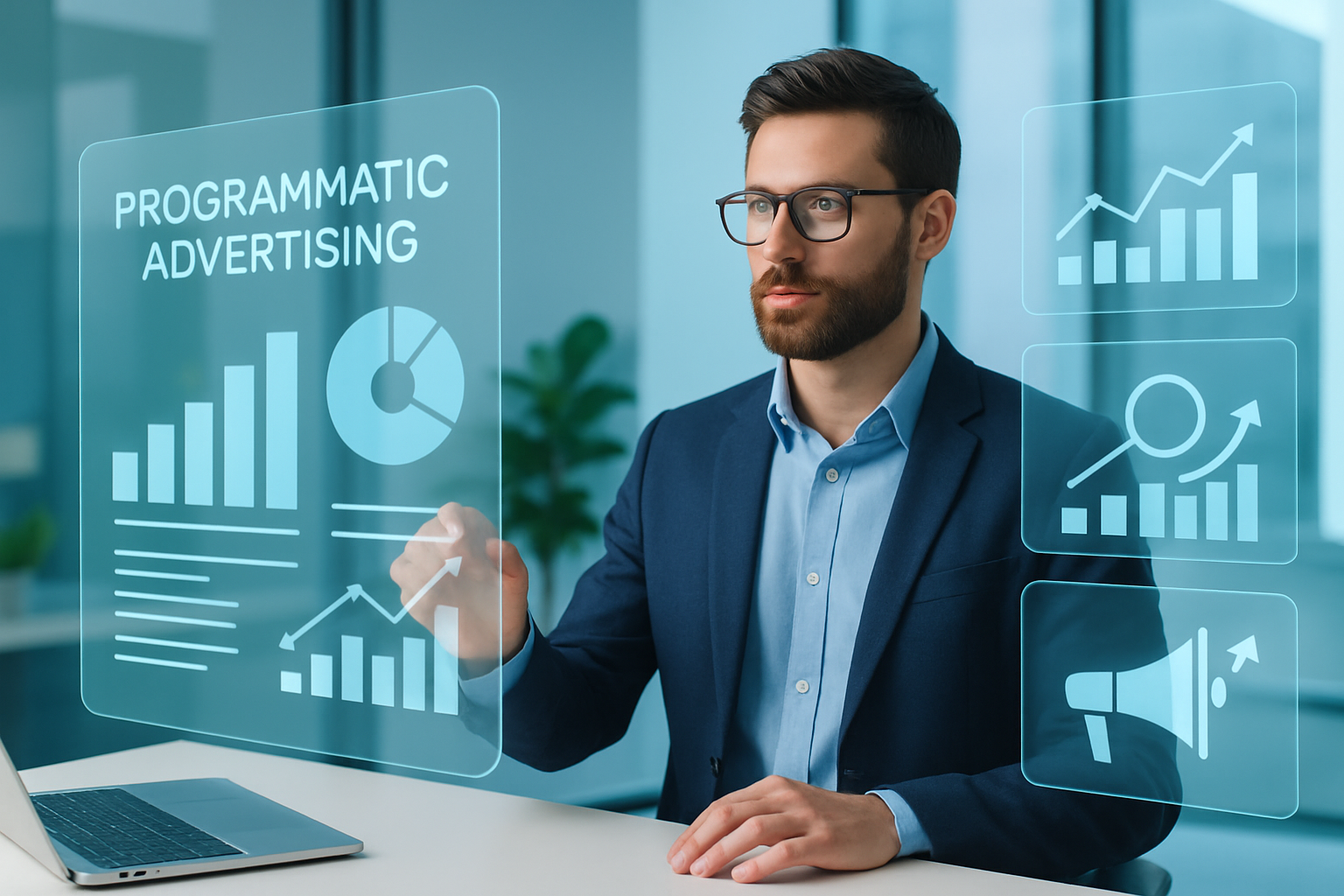 Digital marketing specialist reviewing programmatic advertising performance dashboards in a high-tech workspace.