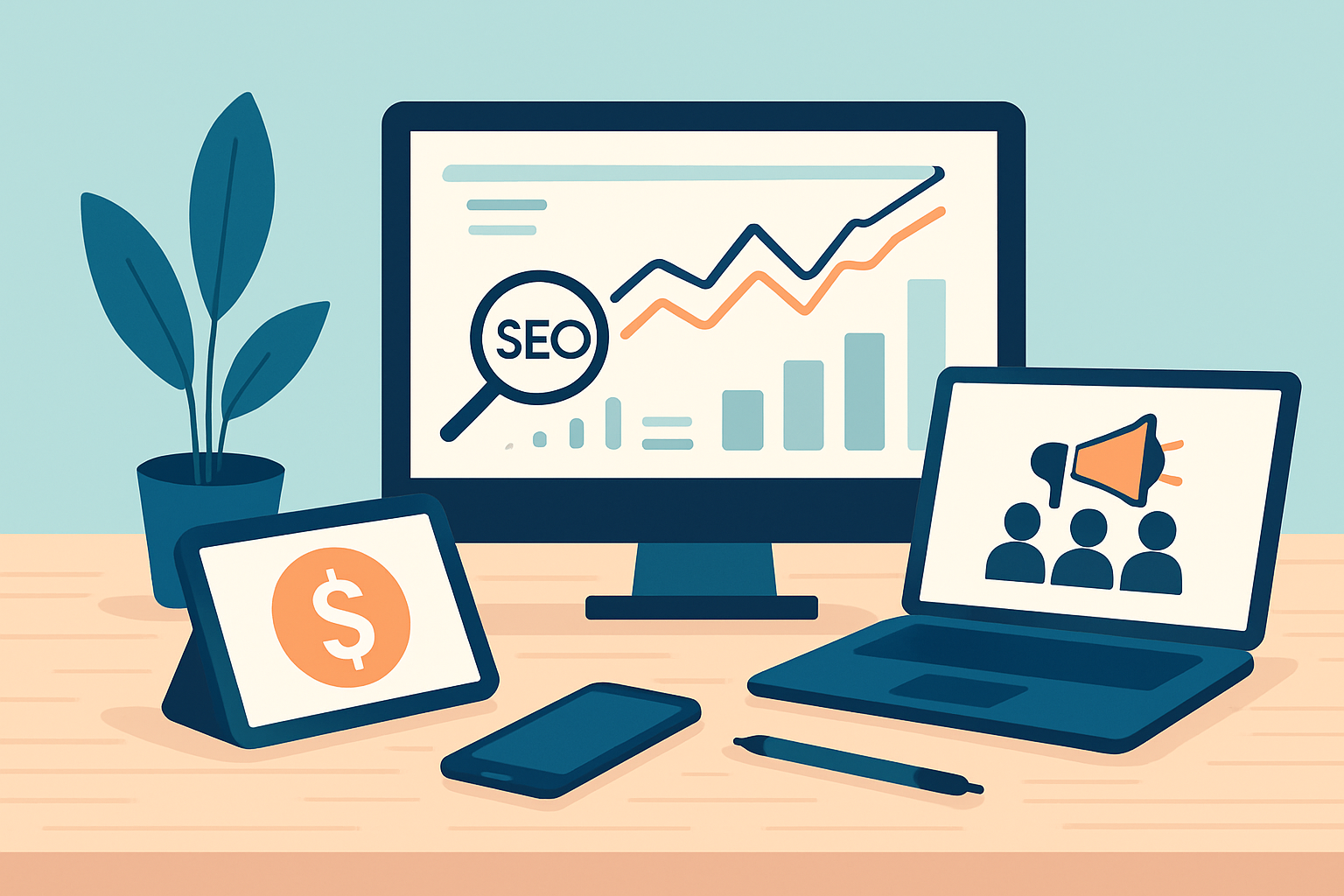 A high-tech digital marketing workspace showcasing SEO analytics and affiliate commissions in real-time.