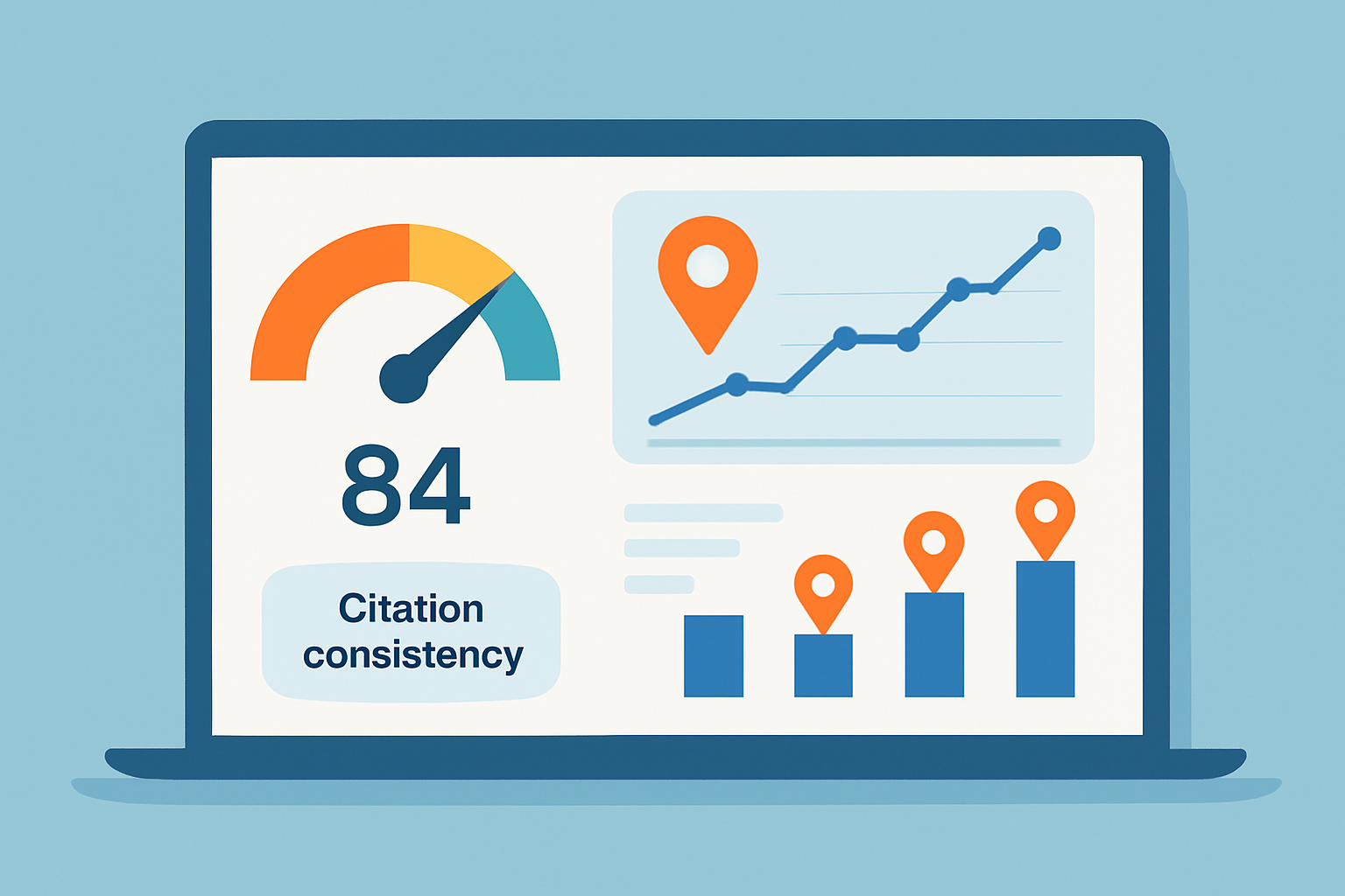 Dashboard visualizing local SEO metrics such as citation consistency, ranking improvements, and traffic from local sources