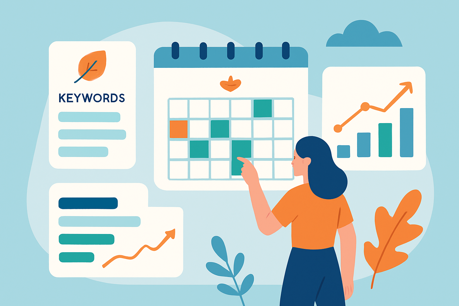Dashboard visualizing seasonal keyword trends, campaign schedules, and performance metrics for marketing optimization