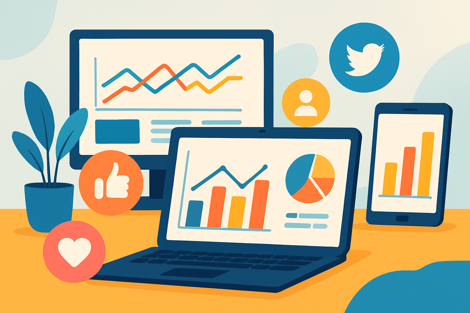 A modern workspace displaying social media analytics to track website promotion performance.