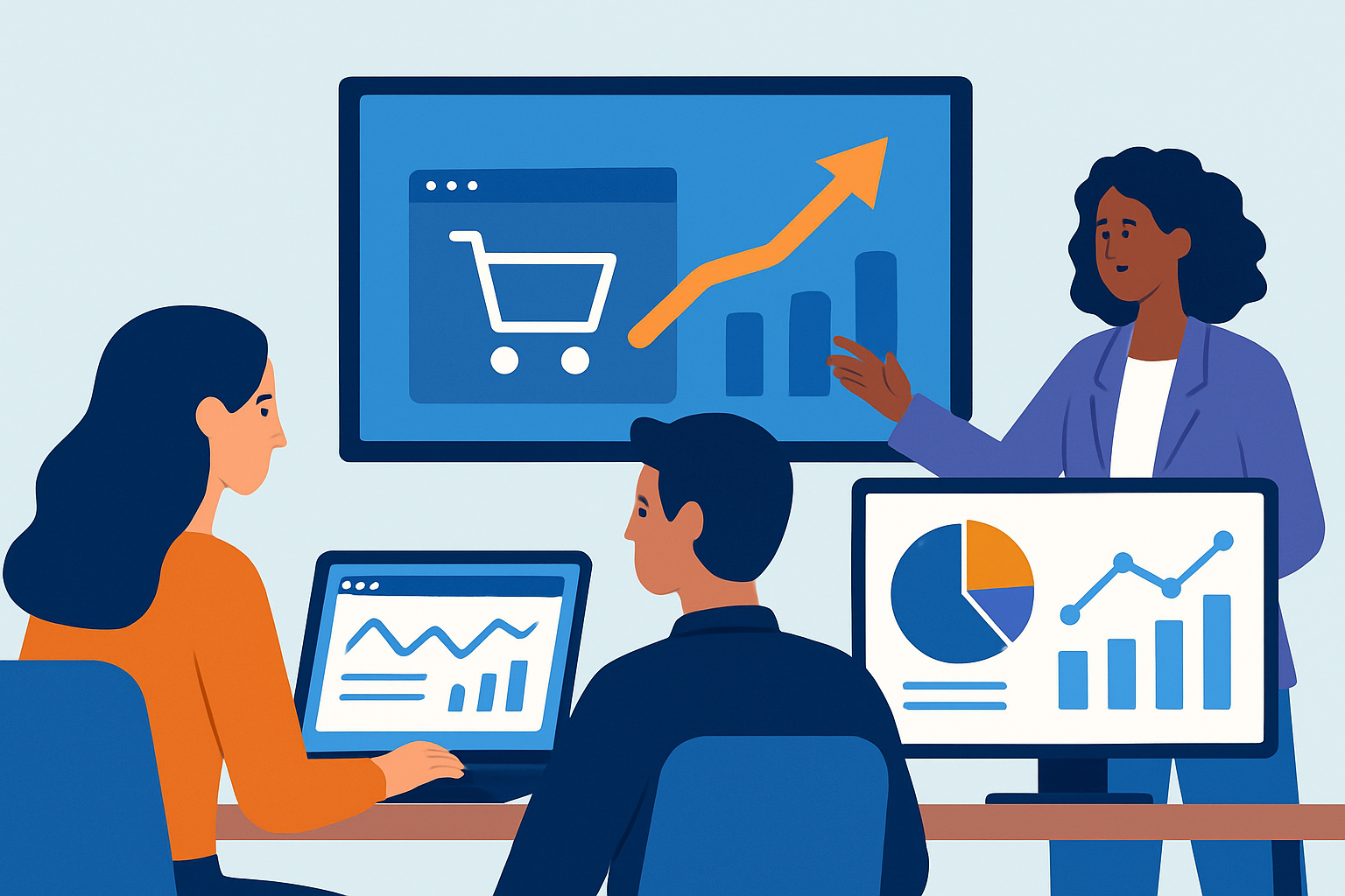 Ecommerce marketing professionals leveraging analytics dashboards to optimize campaigns and track results