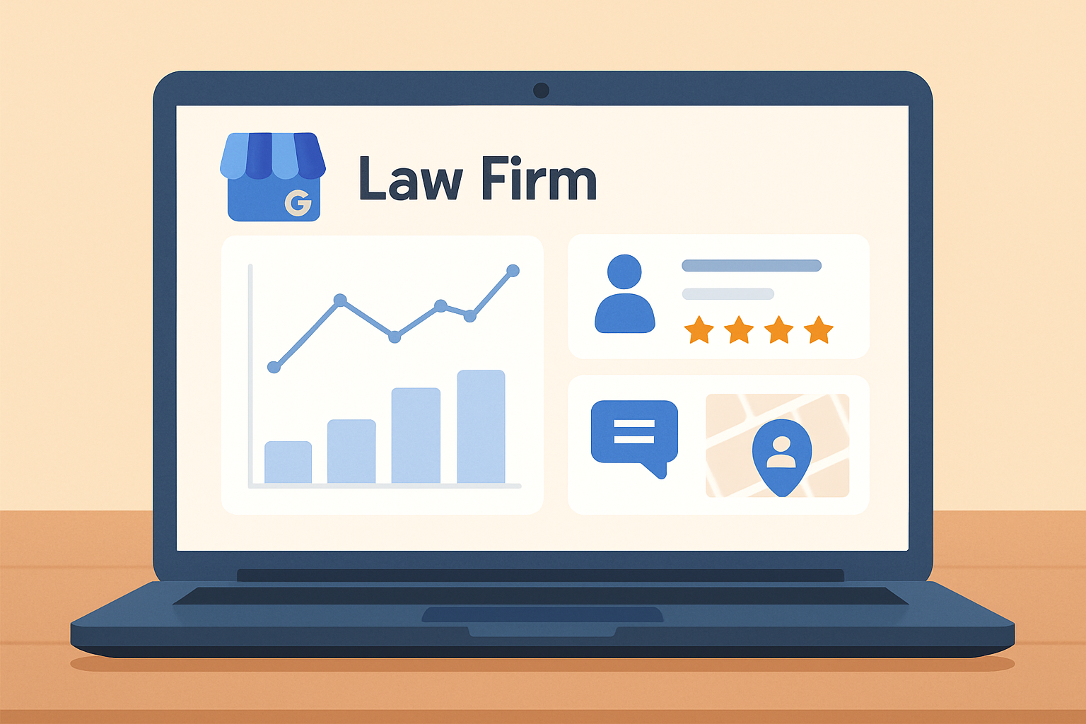 Google Business Profile dashboard showing key features including reviews, Q&A, and analytics for a law firm.