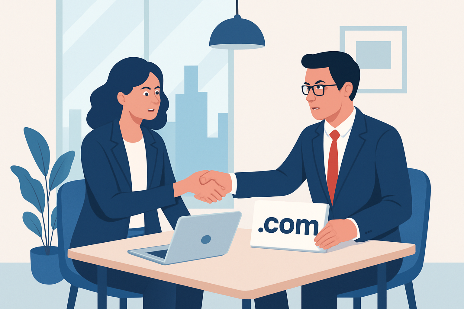A professional negotiator facilitating a domain purchase for a client with digital tools in a modern office