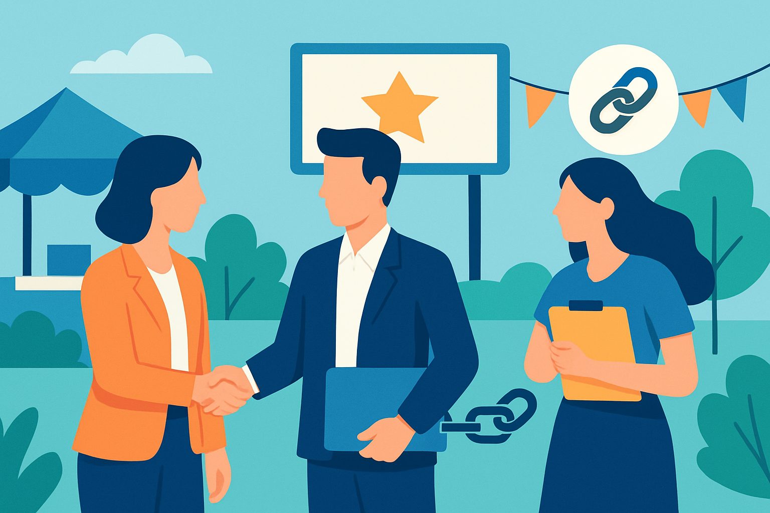Visual representation of small businesses engaging in local partnerships and community-driven link building activities