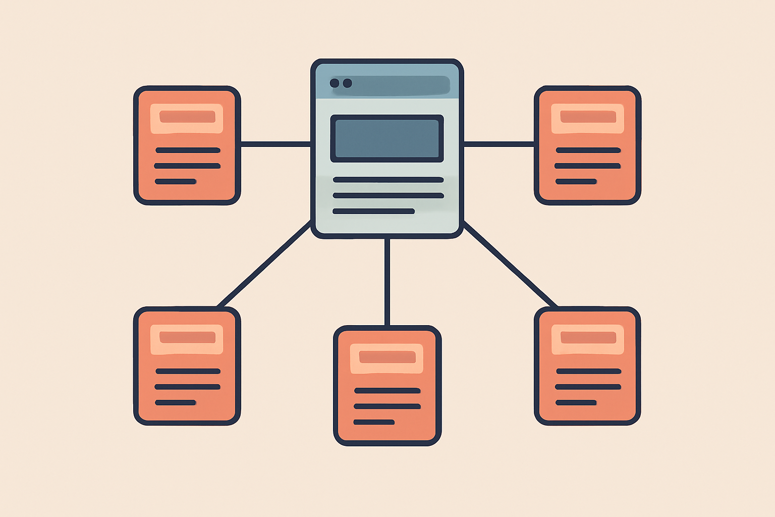 Diagram showing a content pillar with a central comprehensive page linked to multiple detailed cluster articles representing subtopics.