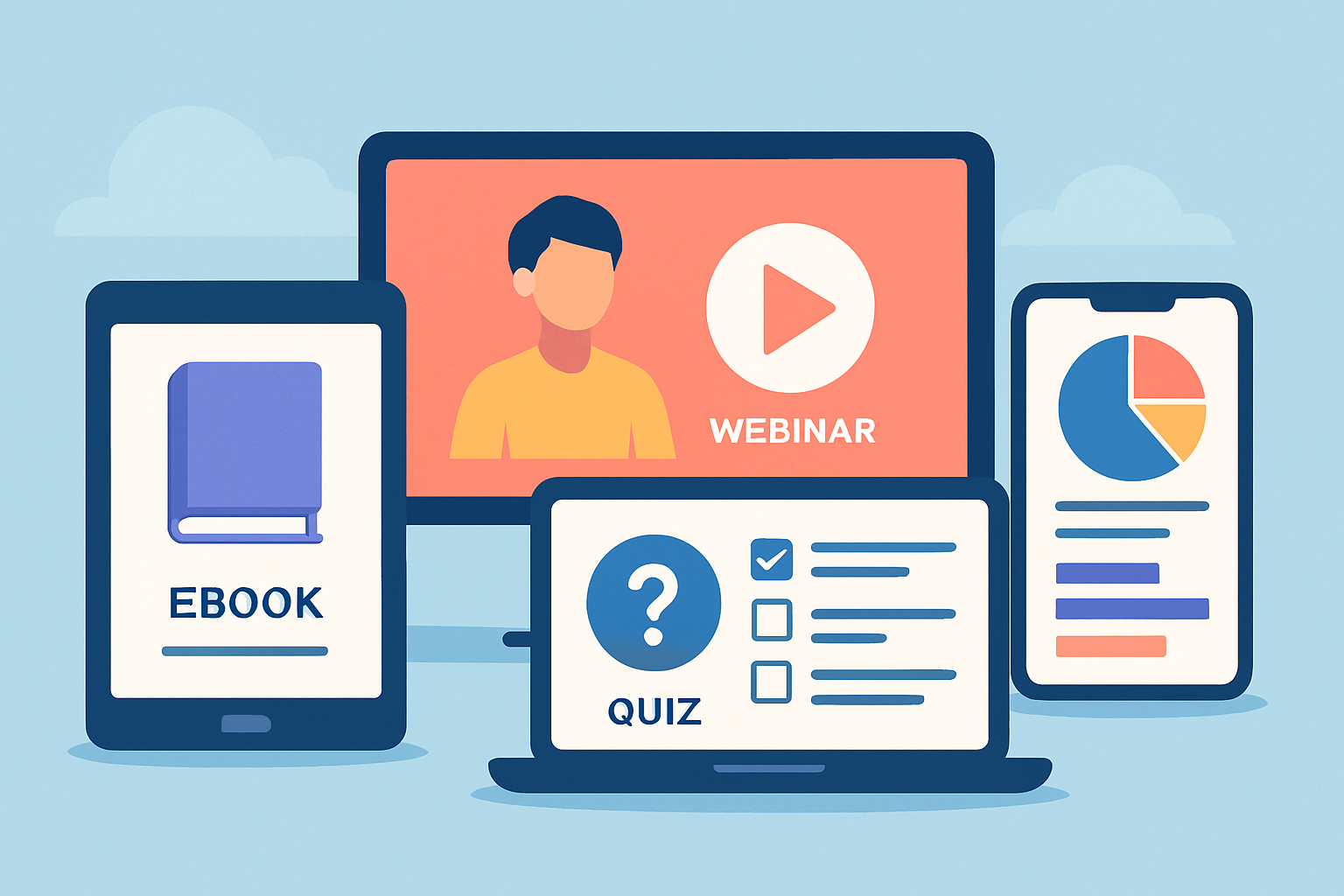 A variety of content marketing types effective for generating leads: eBooks, webinars, infographics, videos, and interactive quizzes.