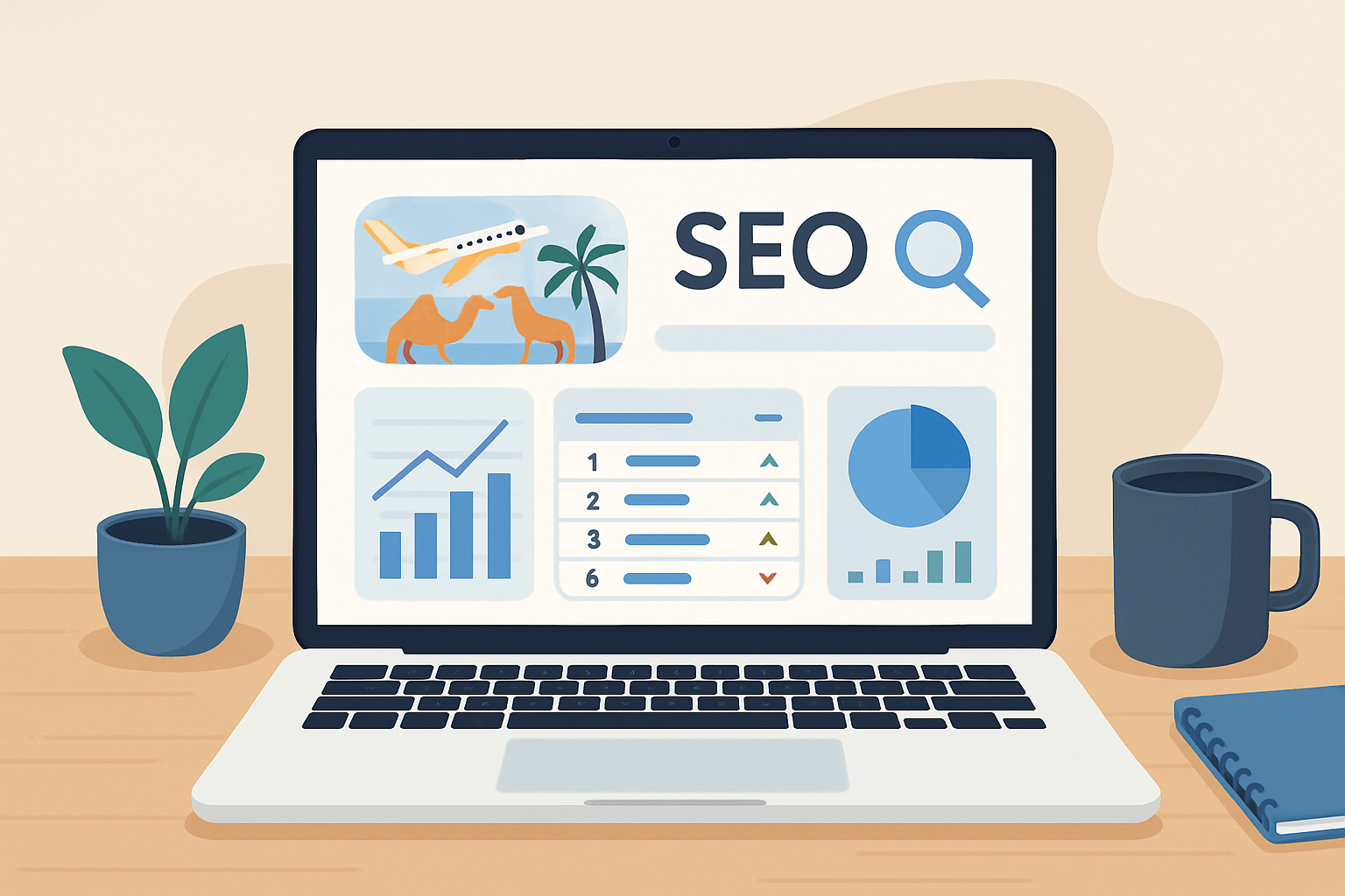 An SEO dashboard showcasing keyword rankings and website performance for a travel site
