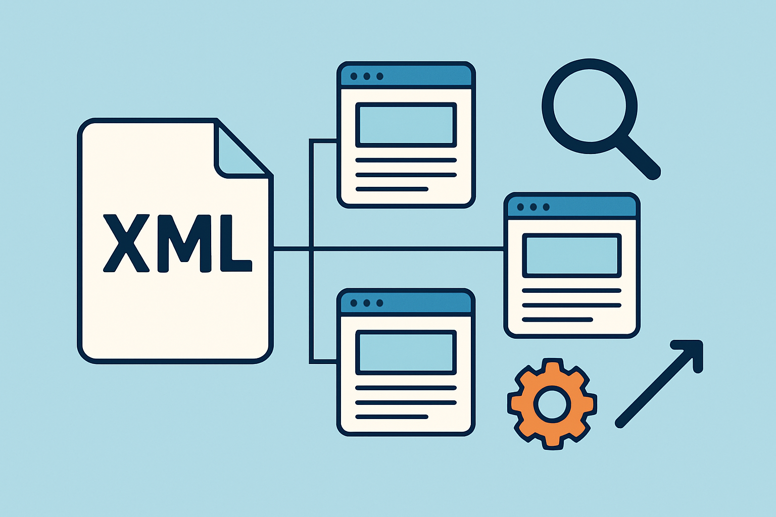 Illustration showing how an XML sitemap organizes website URLs to enhance search engine crawling and indexing.