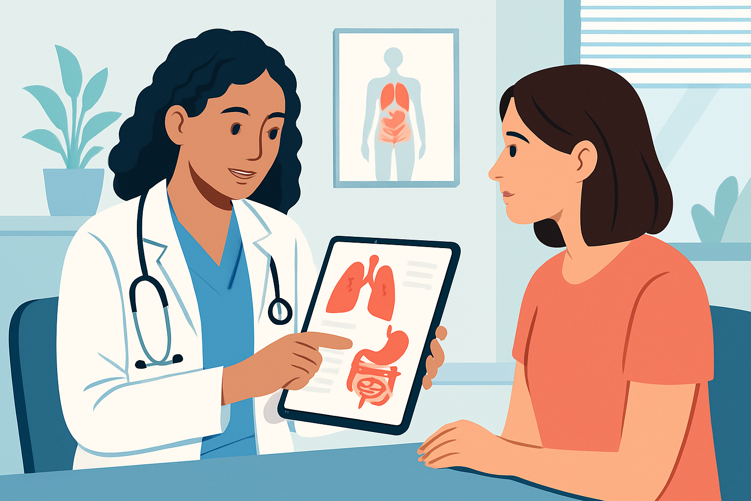 Healthcare provider educating a patient with digital resources to build trust and explain services.