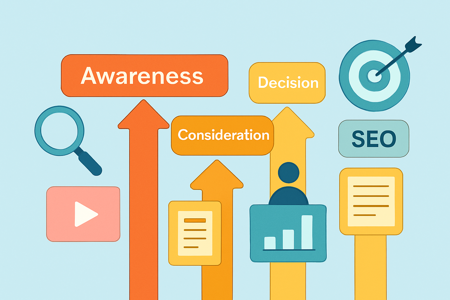 Visual representation of the B2B buyer journey stages and corresponding content types optimized for SEO.