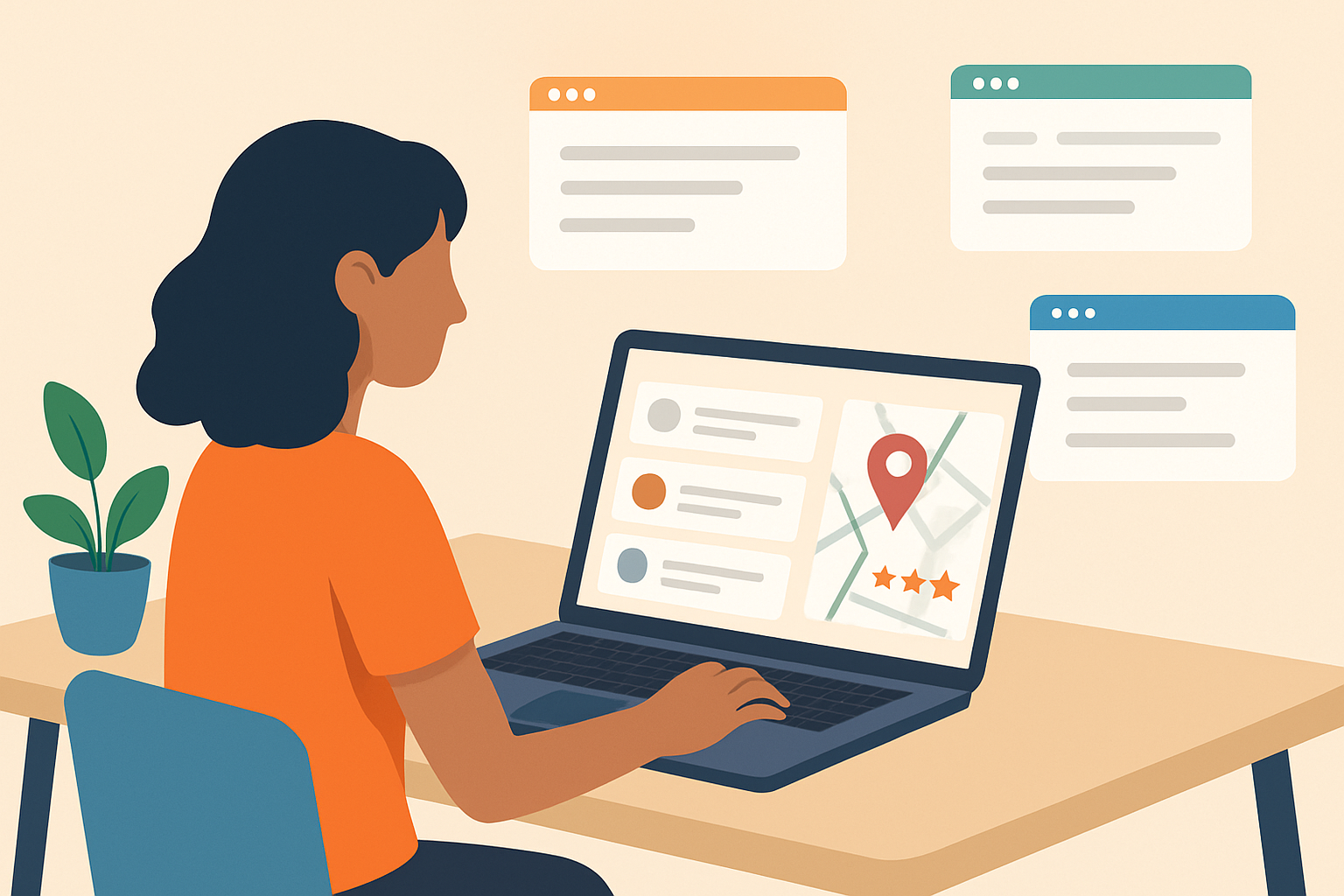 A small business owner actively managing local SEO citations and checking search ranking maps on a laptop