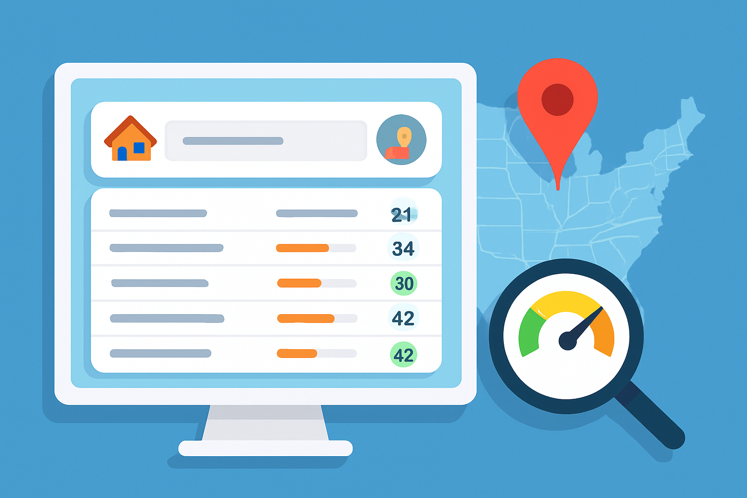 KWFinder interface displaying local real estate keywords with geographic filter applied and keyword metrics.