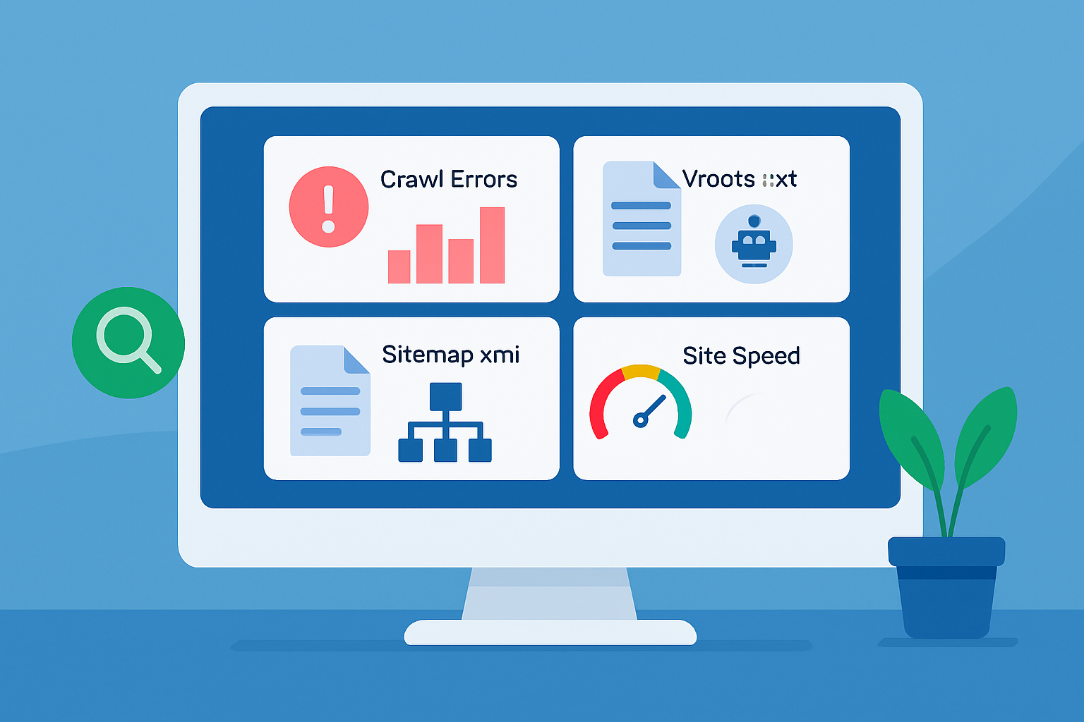 Dashboard displaying key technical SEO audit elements such as crawl errors, sitemap status, and site speed scores.