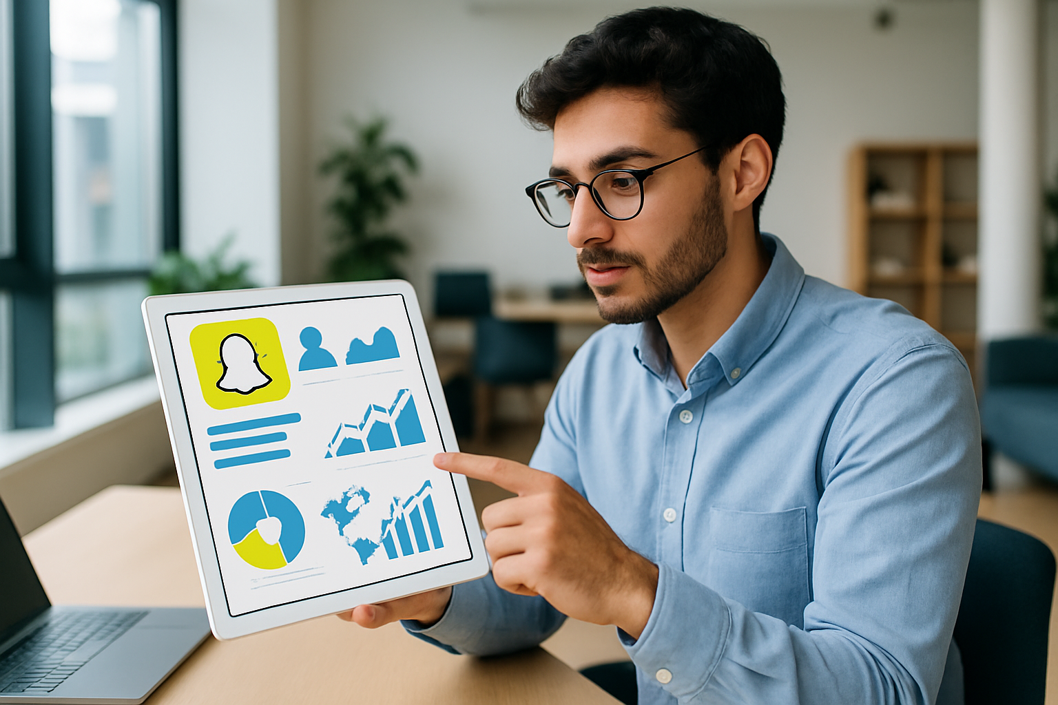 Small business owner reviewing Snapchat ads campaign performance to optimize budget and ROI.