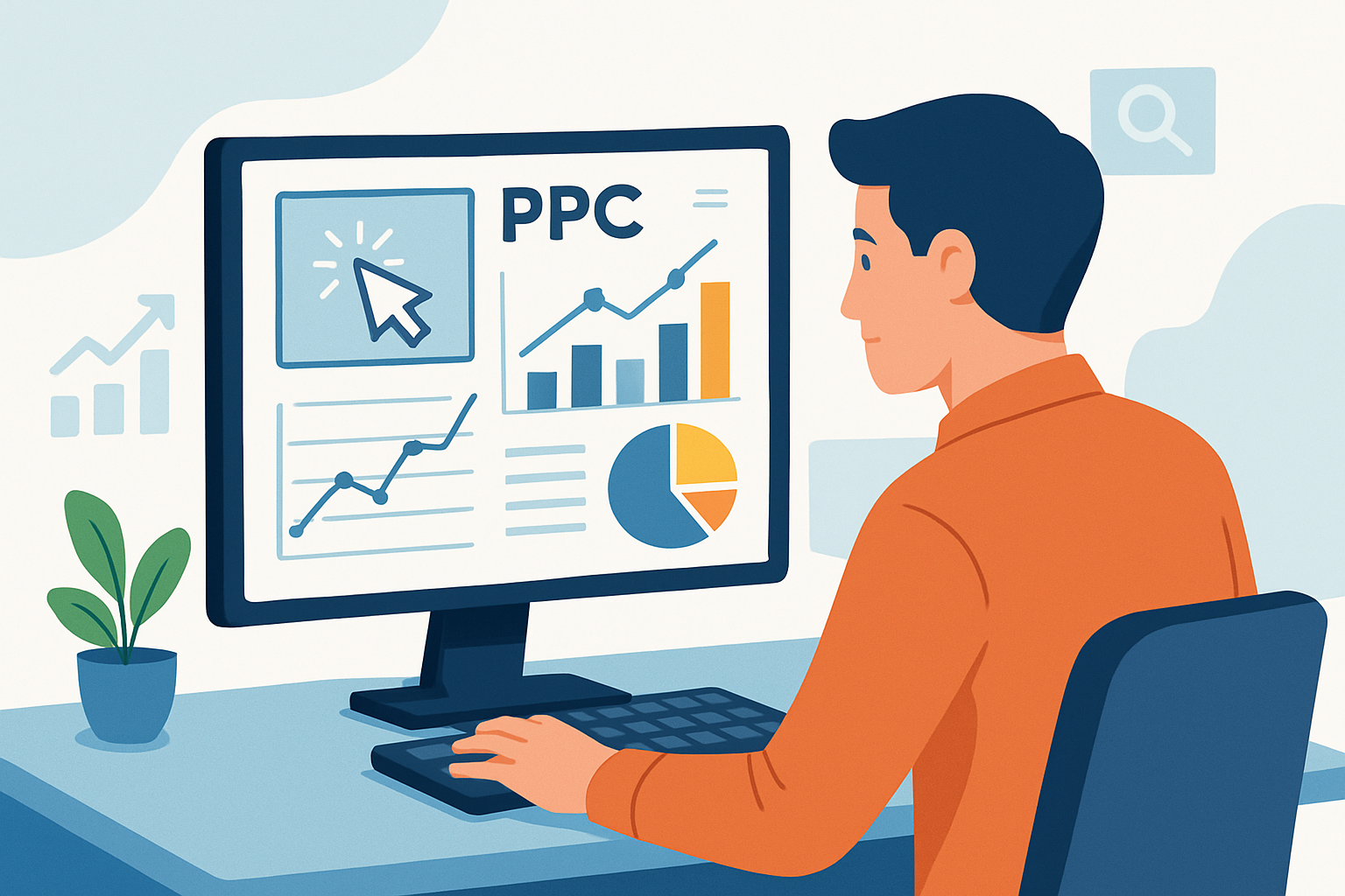 Marketer reviewing a PPC campaign performance dashboard showing key metrics and trends