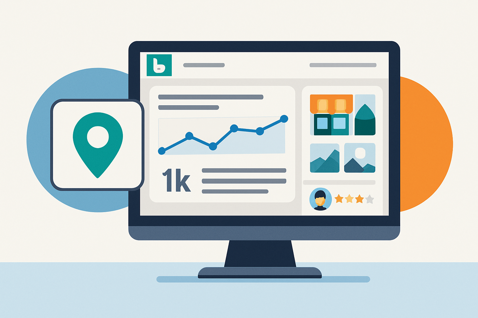 Screenshot of an optimized Bing Places business listing dashboard with images, reviews, and performance insights