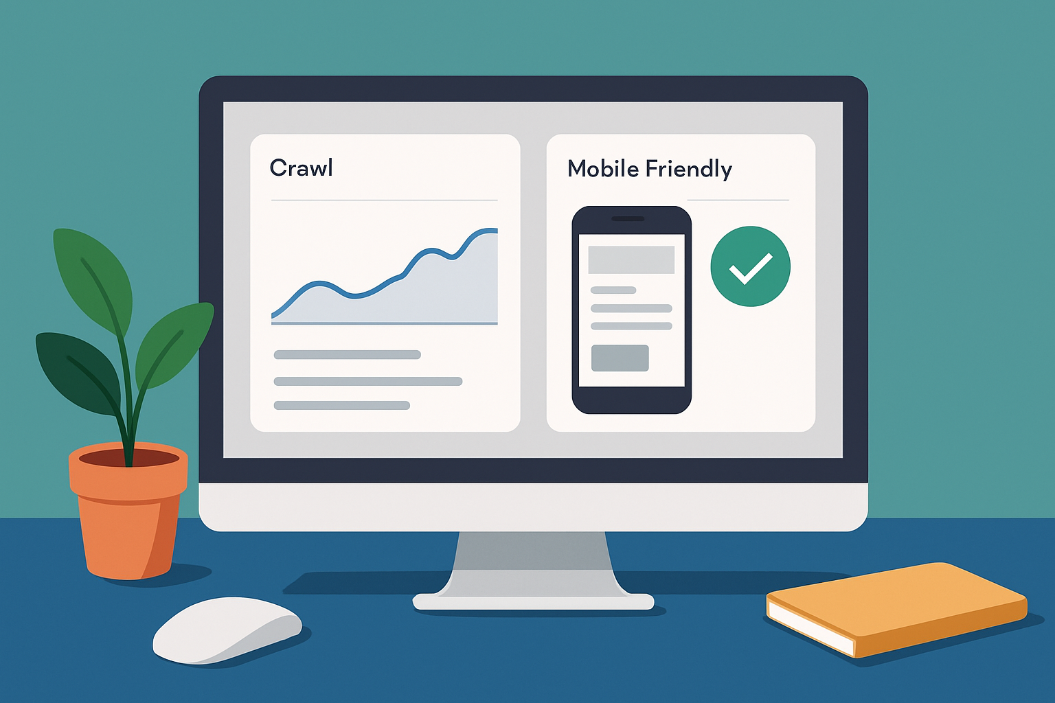Example of a crawl report and mobile-friendliness test result highlighting technical SEO elements