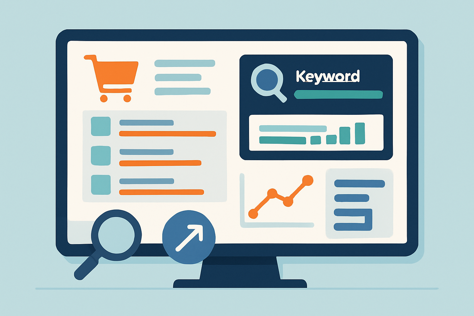 Dashboard showing an Amazon product listing optimized with keywords, sales data, and analytics.