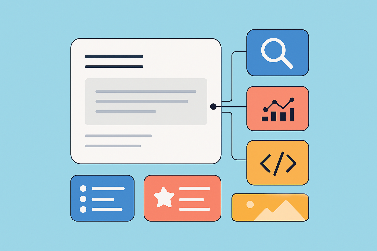 Diagram illustrating a modular content template designed for programmatic SEO with dynamic data blocks and semantic markup.