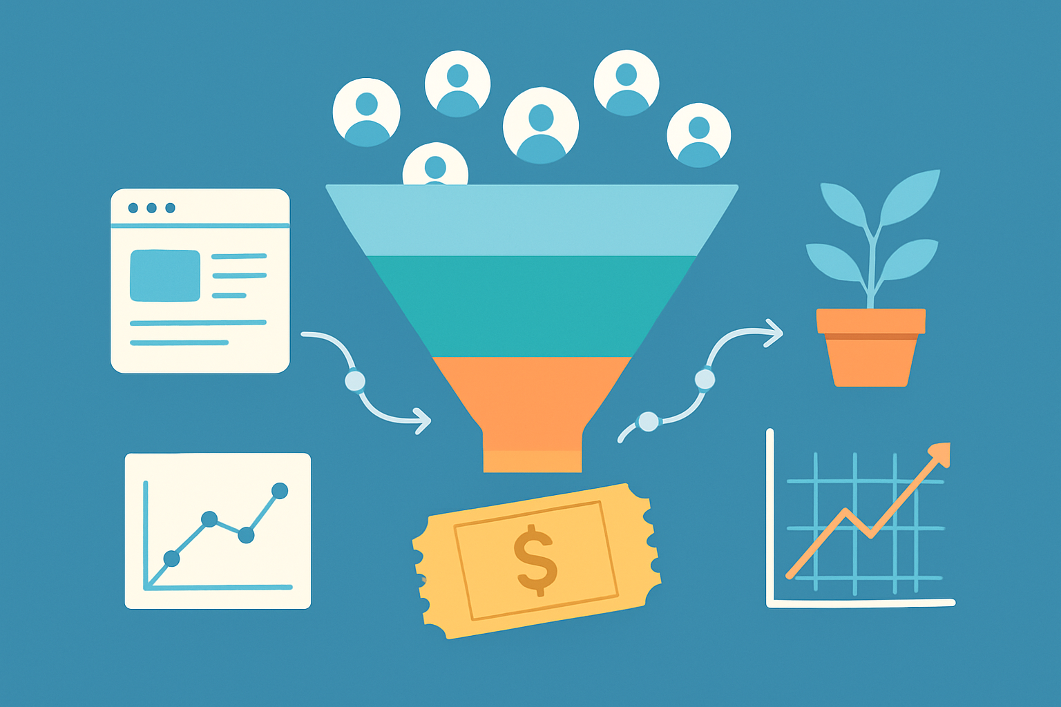 A visual depiction of the high ticket affiliate marketing sales funnel from traffic generation to closing sales.