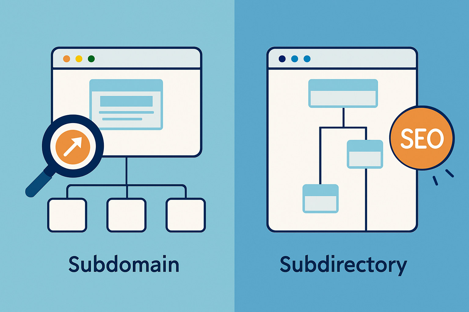 Visual comparison highlighting how subdomains and subdirectories organize content differently and impact SEO.