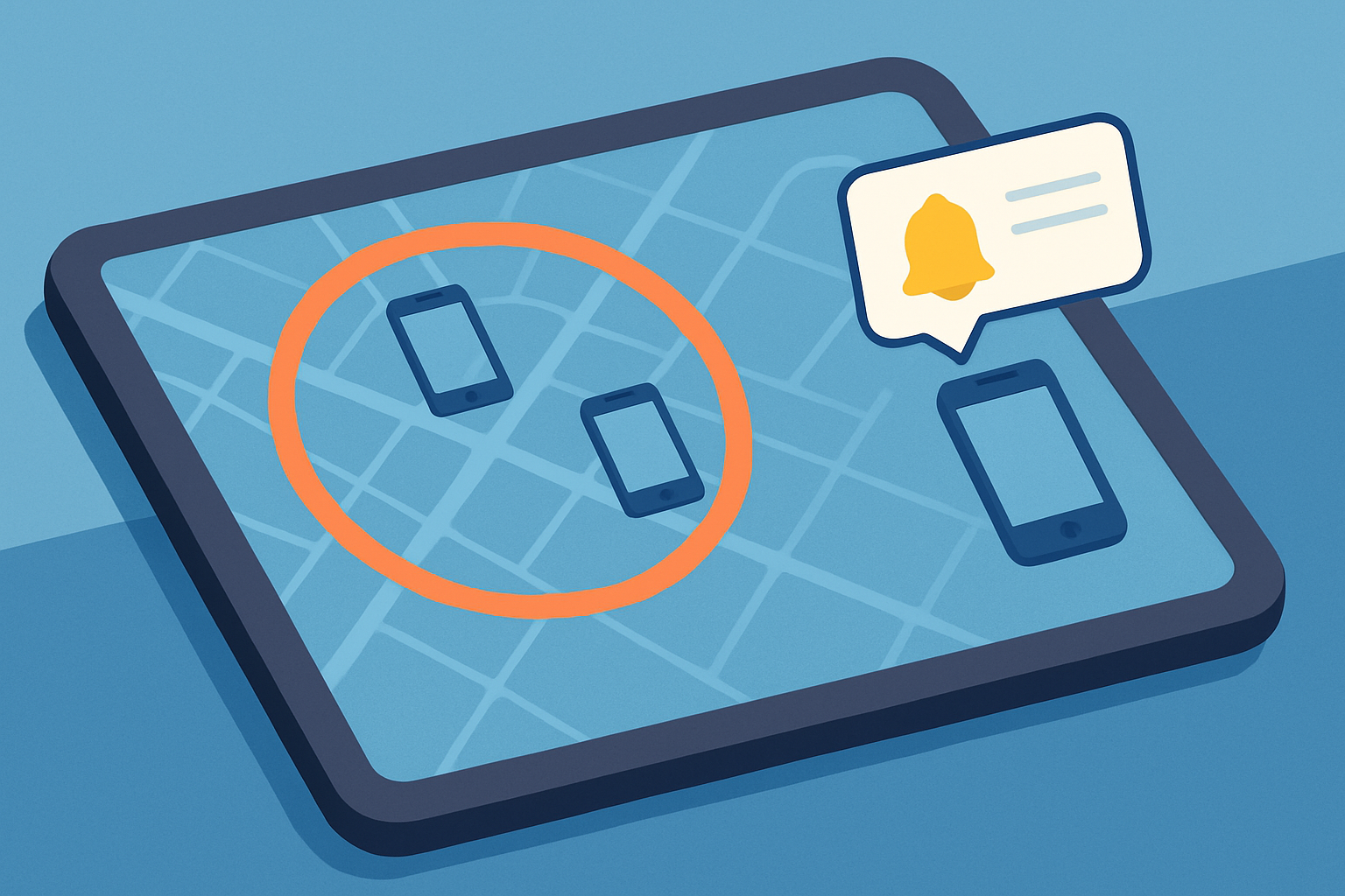Visual representation showing how geofencing defines virtual boundaries and triggers marketing messages when mobile devices enter or leave the area.