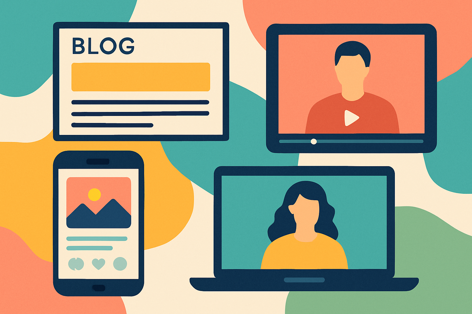 Illustration showing various content marketing formats that build brand trust across multiple platforms.
