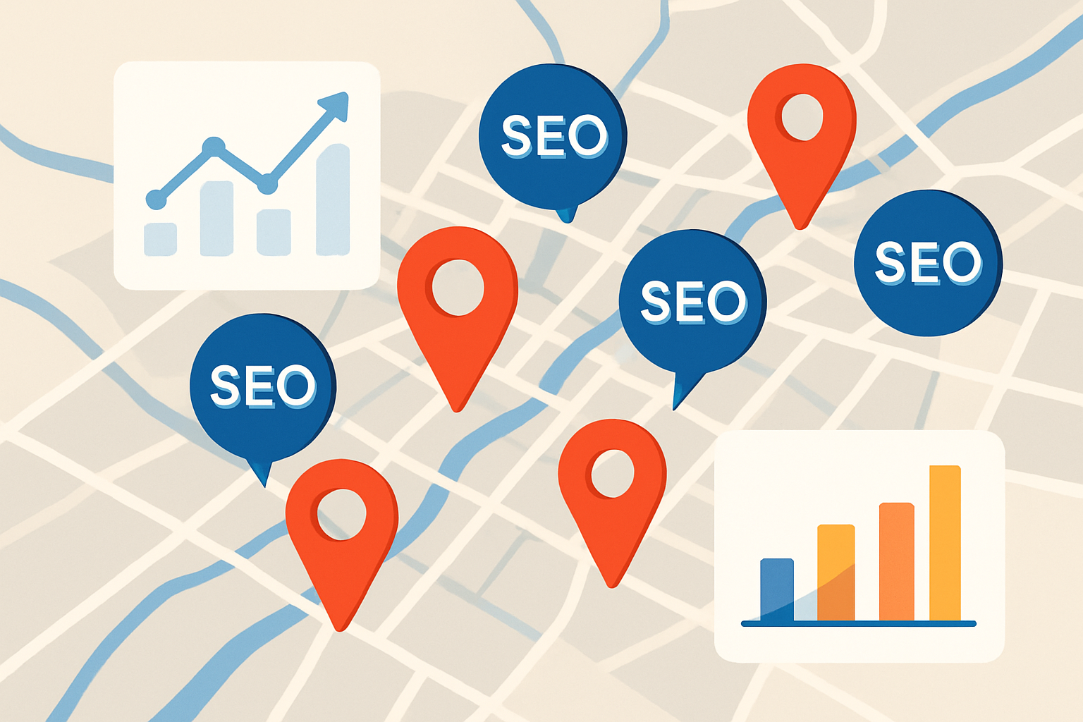 Visual representation of optimizing SEO for multiple physical business locations across different regions.