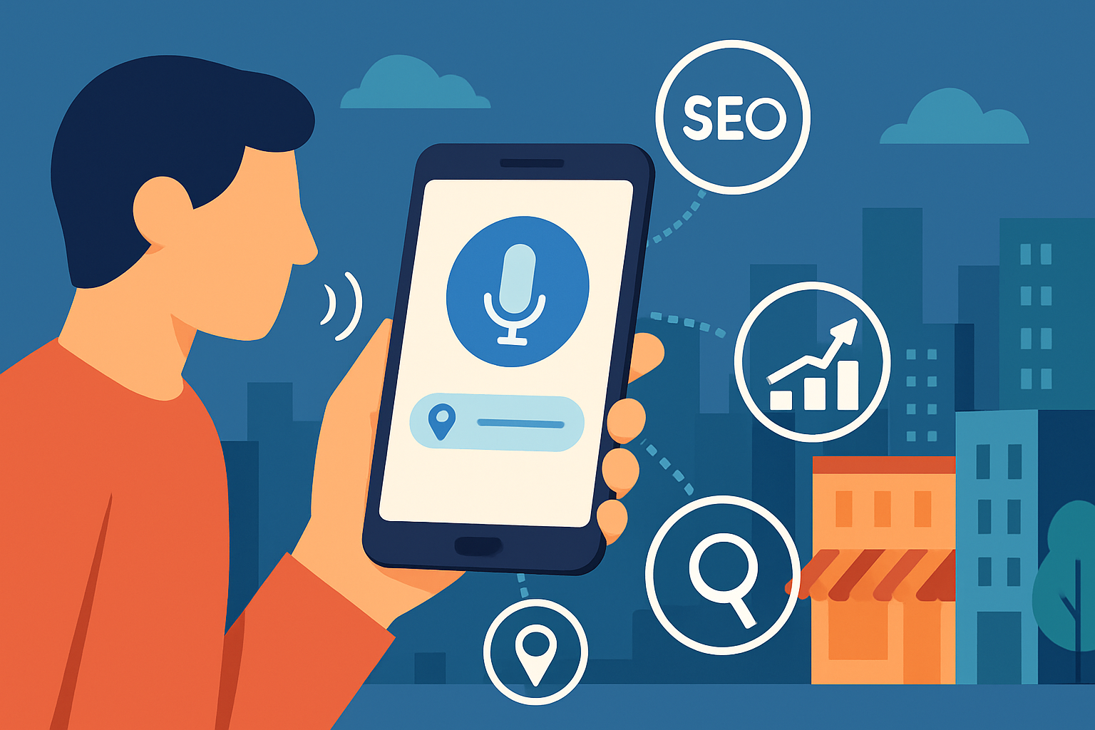Illustration of a local user conducting a voice search on a mobile device, highlighting mobile and voice SEO integration.