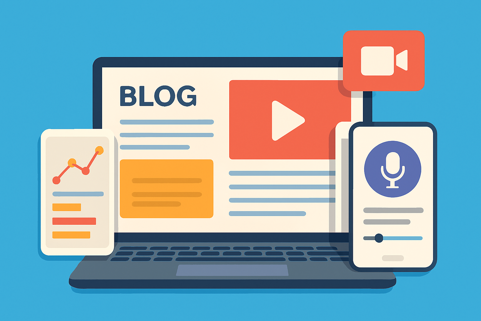Various content formats including blogs, videos, infographics, podcasts, and webinars that form part of a comprehensive content strategy.