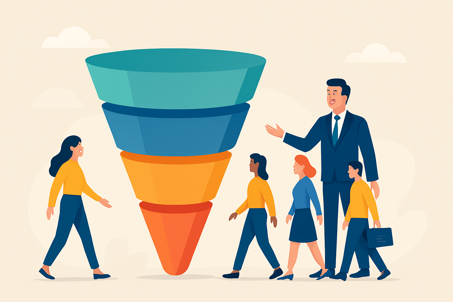 Visual diagram of a B2B marketing funnel indicating key stages and common marketing activities.