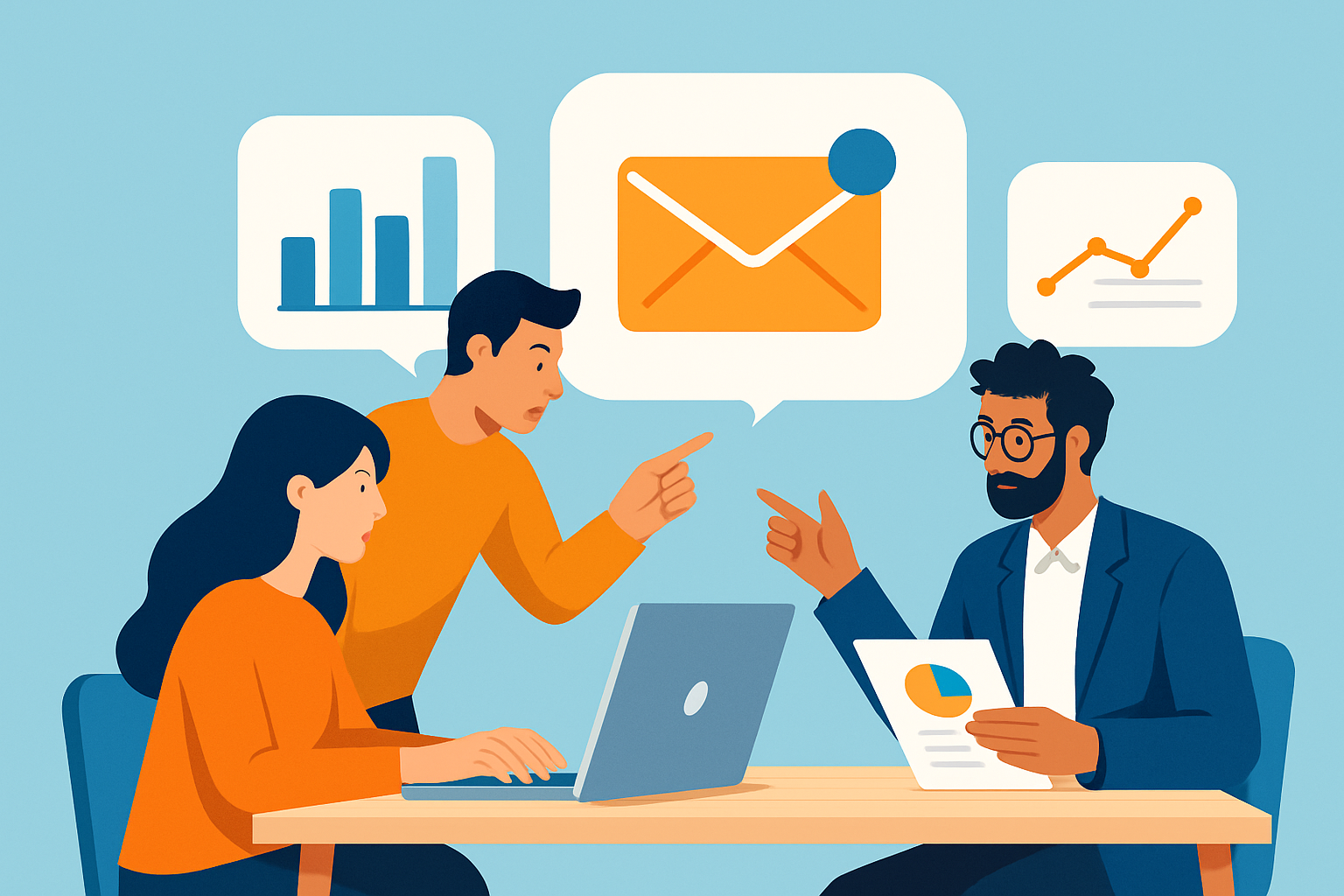 Team collaborating on email marketing strategy with digital analytics and campaign planning.
